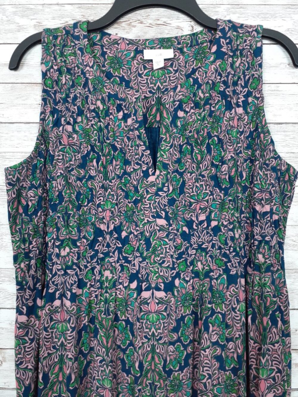 J Jill Sleeveless Maxi Dress M Petite Pleated Top Notch Neck Stretch 869A - Picture 2 of 8